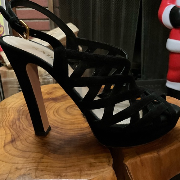 PRADA black suede platform sandals with 5” covered heel and woven vamp 8.5 - Picture 5 of 11